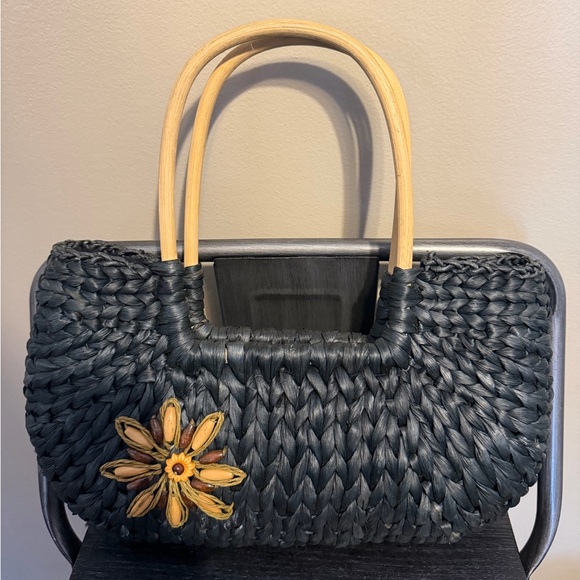 Sun And Sand Handbags - Sun N Sand Woven Straw Handbag Bamboo Handles Floral Accent